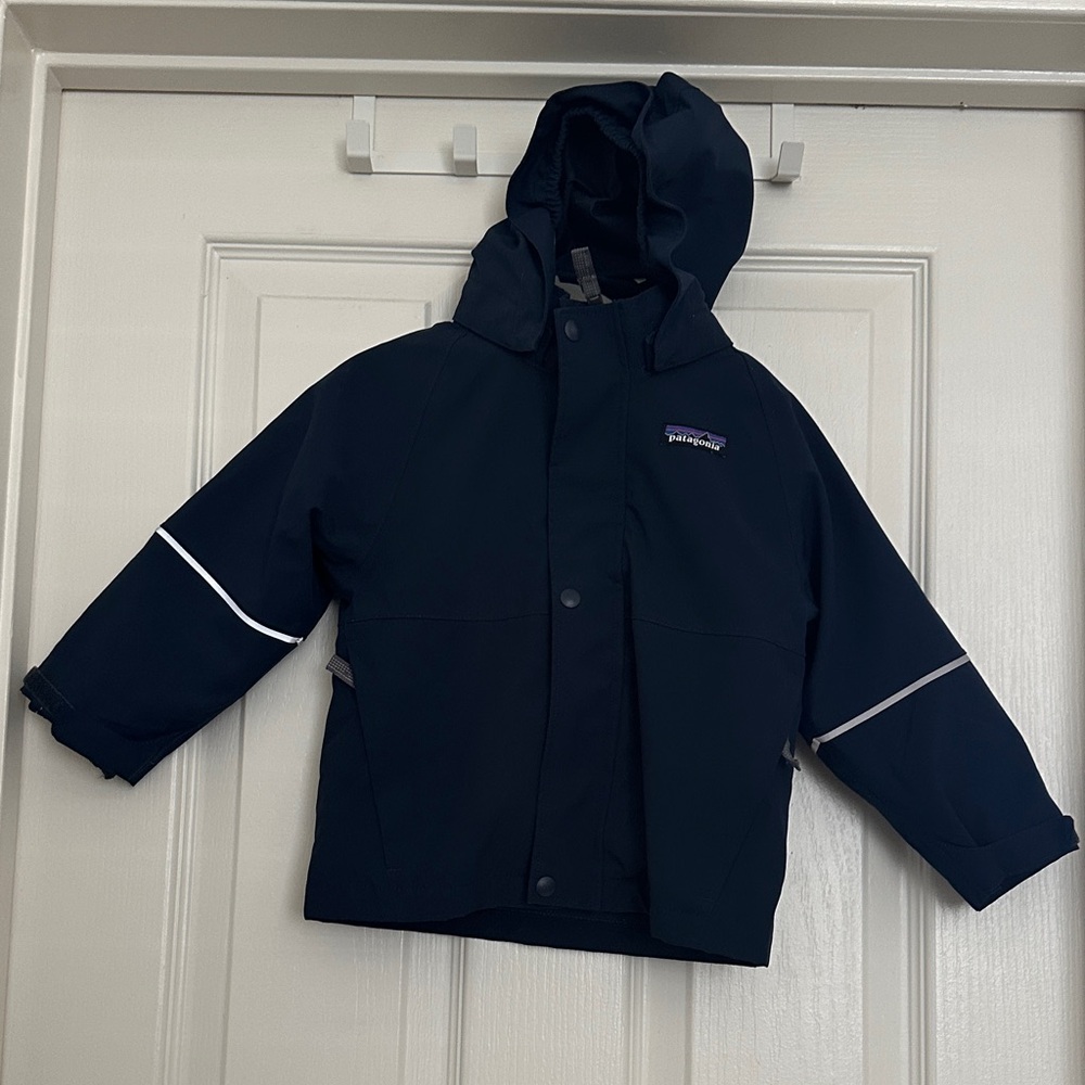 Patagonia Kids Navy Hooded Rain Jacket with Reflective Trim